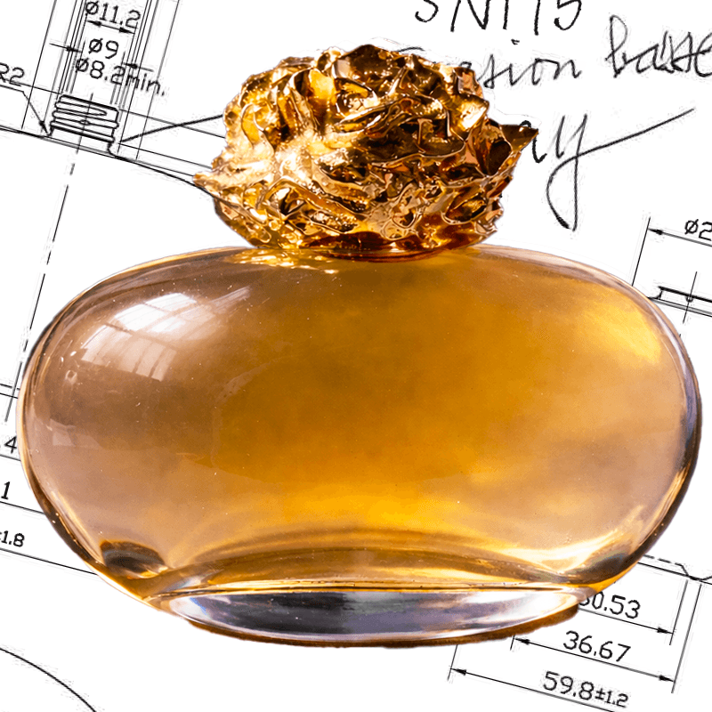 Prototype de flacon parfum en développement-Plans de verrerie et premier tirage flacon avant industrialisation